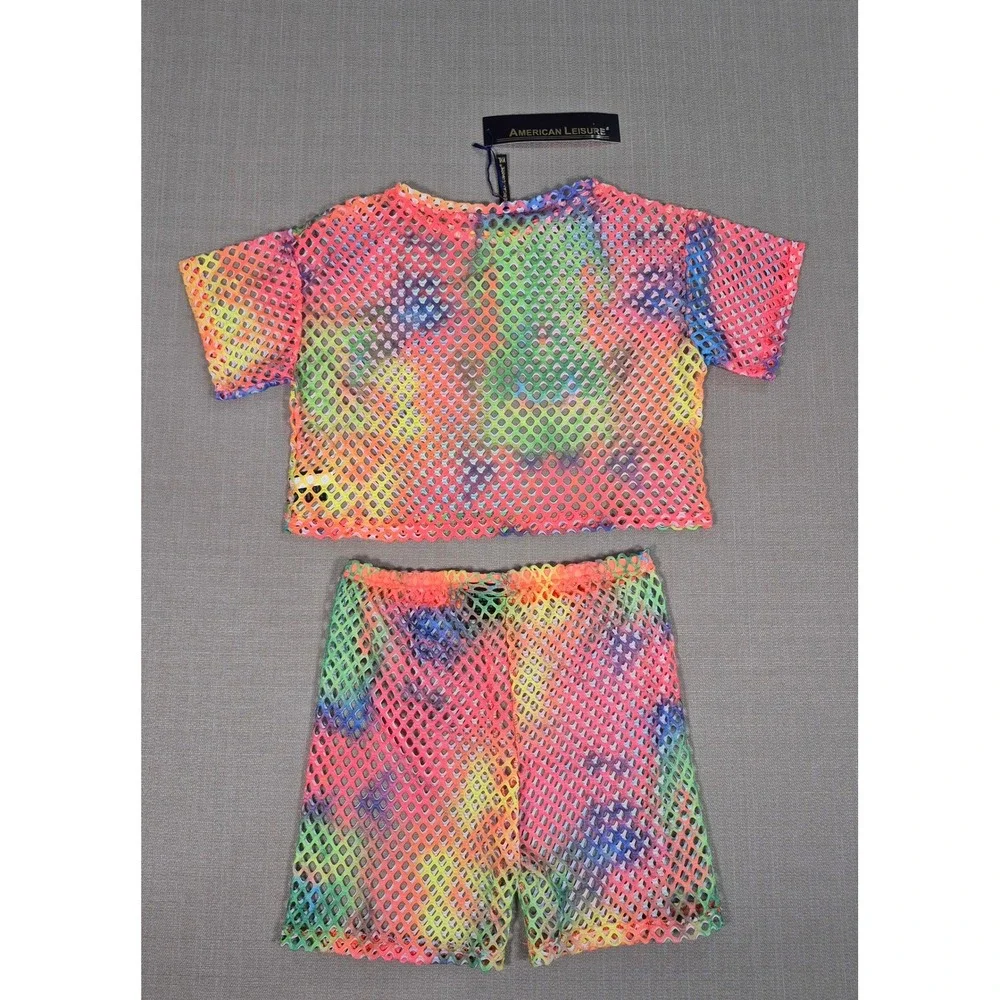 American Leisure Rainbow Tie Dye Fishnet Crop Top and Shorts Set XXL New
